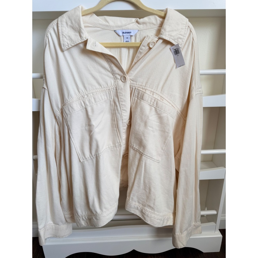 Old Navy Womens 4X Cream Twill Long Sleeve Button Down Utility Shirt NWT